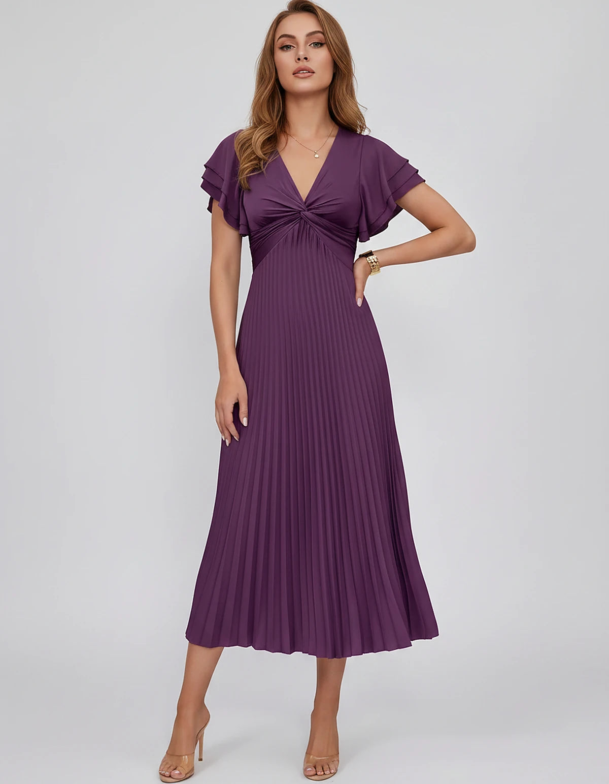 Chiffon Blend Flutter Sleeve V-Neck A-Line Midi Dress for Party, Cocktail, Evening Events, Wedding Guest & Summer Occasions, 