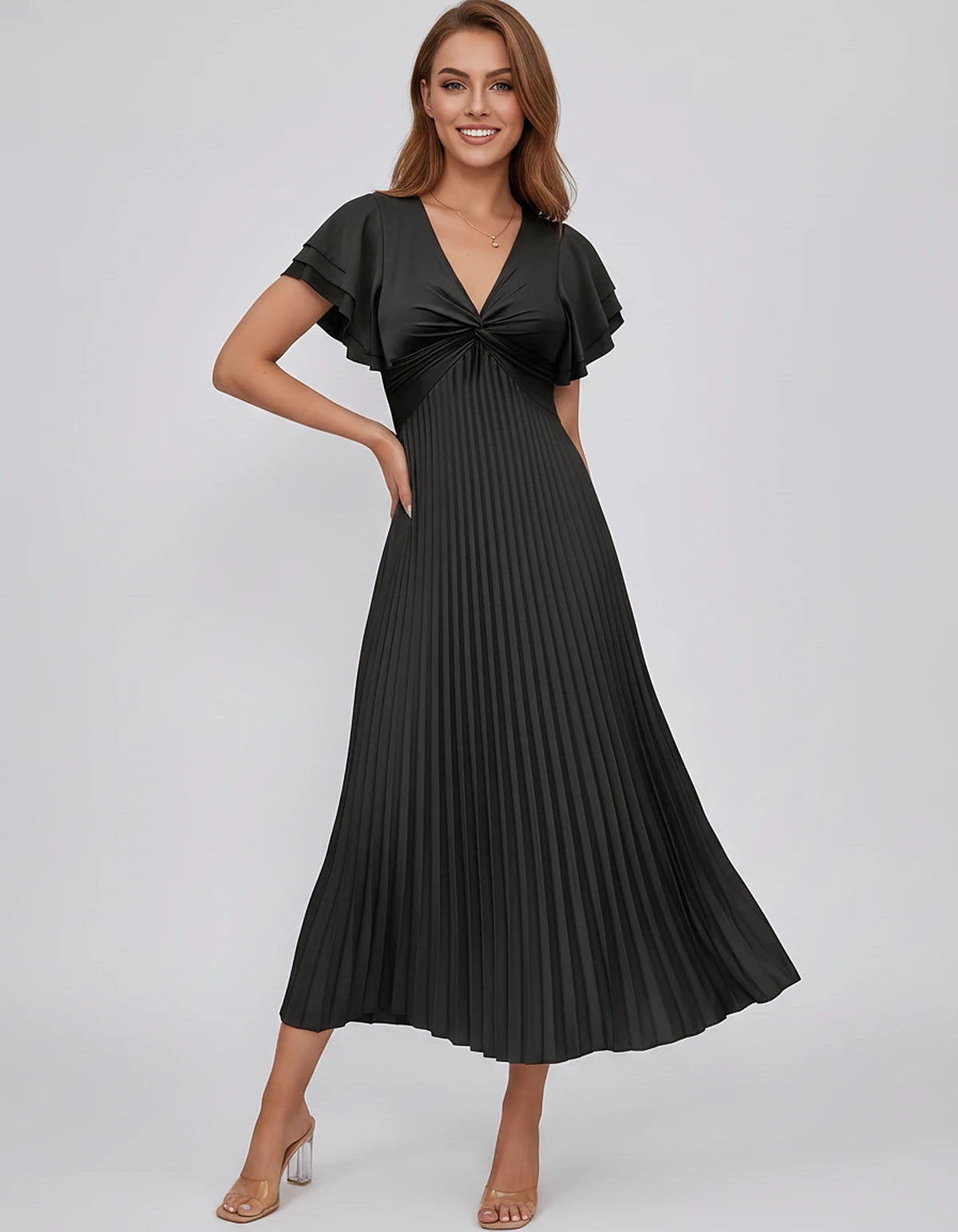 Chiffon Blend Flutter Sleeve V-Neck A-Line Midi Dress for Party, Cocktail, Evening Events, Wedding Guest & Summer Occasions, 