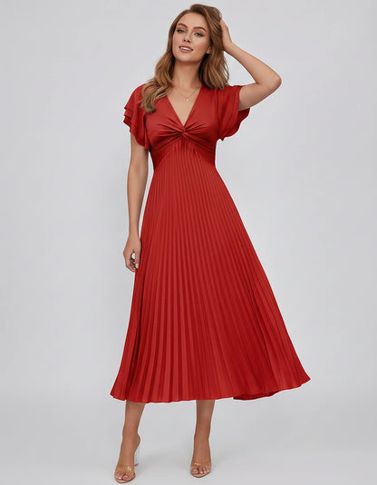 Chiffon Blend Flutter Sleeve V-Neck A-Line Midi Dress for Party, Cocktail, Evening Events, Wedding Guest & Summer Occasions, 