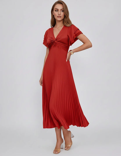 Chiffon Blend Flutter Sleeve V-Neck A-Line Midi Dress for Party, Cocktail, Evening Events, Wedding Guest & Summer Occasions, 