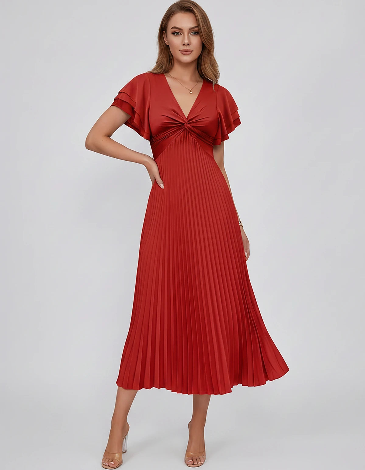 Chiffon Blend Flutter Sleeve V-Neck A-Line Midi Dress for Party, Cocktail, Evening Events, Wedding Guest & Summer Occasions, 