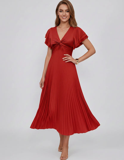 Chiffon Blend Flutter Sleeve V-Neck A-Line Midi Dress for Party, Cocktail, Evening Events, Wedding Guest & Summer Occasions, 