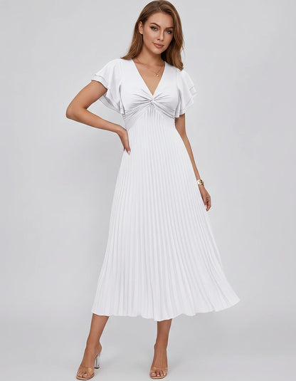 Chiffon Blend Flutter Sleeve V-Neck A-Line Midi Dress for Party, Cocktail, Evening Events, Wedding Guest & Summer Occasions, 