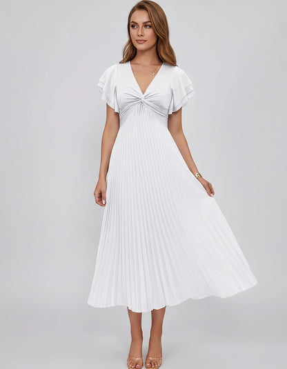 Chiffon Blend Flutter Sleeve V-Neck A-Line Midi Dress for Party, Cocktail, Evening Events, Wedding Guest & Summer Occasions, 