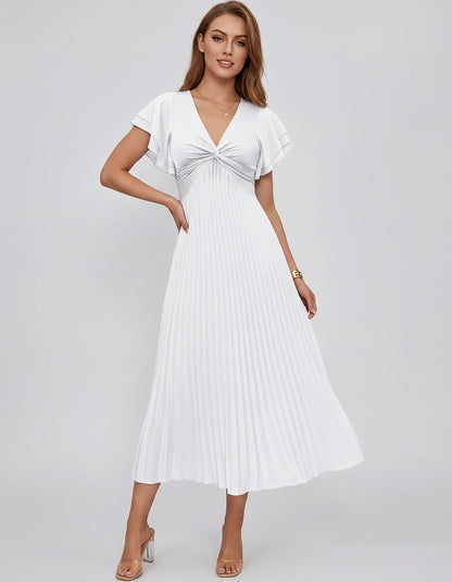 Chiffon Blend Flutter Sleeve V-Neck A-Line Midi Dress for Party, Cocktail, Evening Events, Wedding Guest & Summer Occasions, 