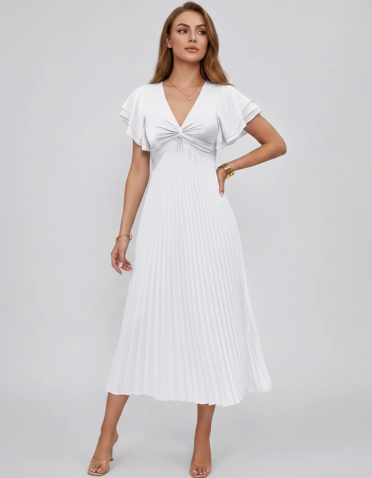 Chiffon Blend Flutter Sleeve V-Neck A-Line Midi Dress for Party, Cocktail, Evening Events, Wedding Guest & Summer Occasions, 