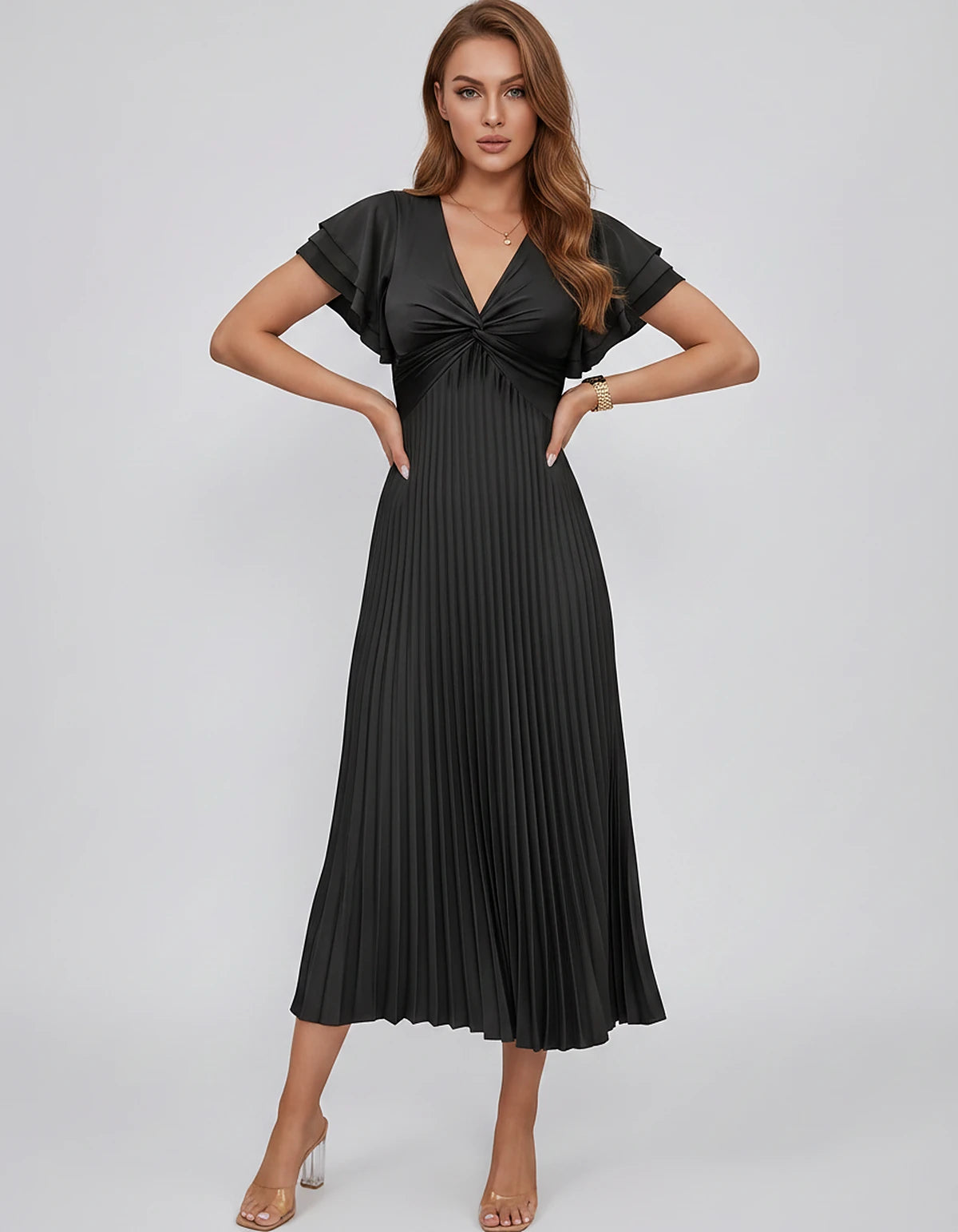 Chiffon Blend Flutter Sleeve V-Neck A-Line Midi Dress for Party, Cocktail, Evening Events, Wedding Guest & Summer Occasions, 