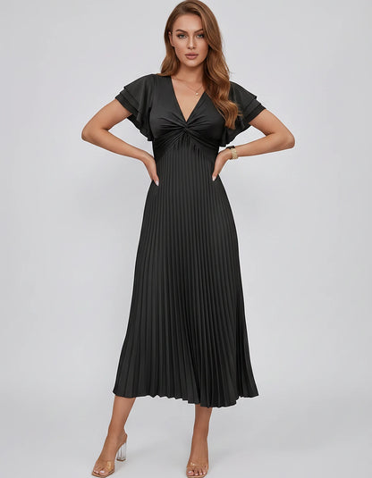 Chiffon Blend Flutter Sleeve V-Neck A-Line Midi Dress for Party, Cocktail, Evening Events, Wedding Guest & Summer Occasions, 