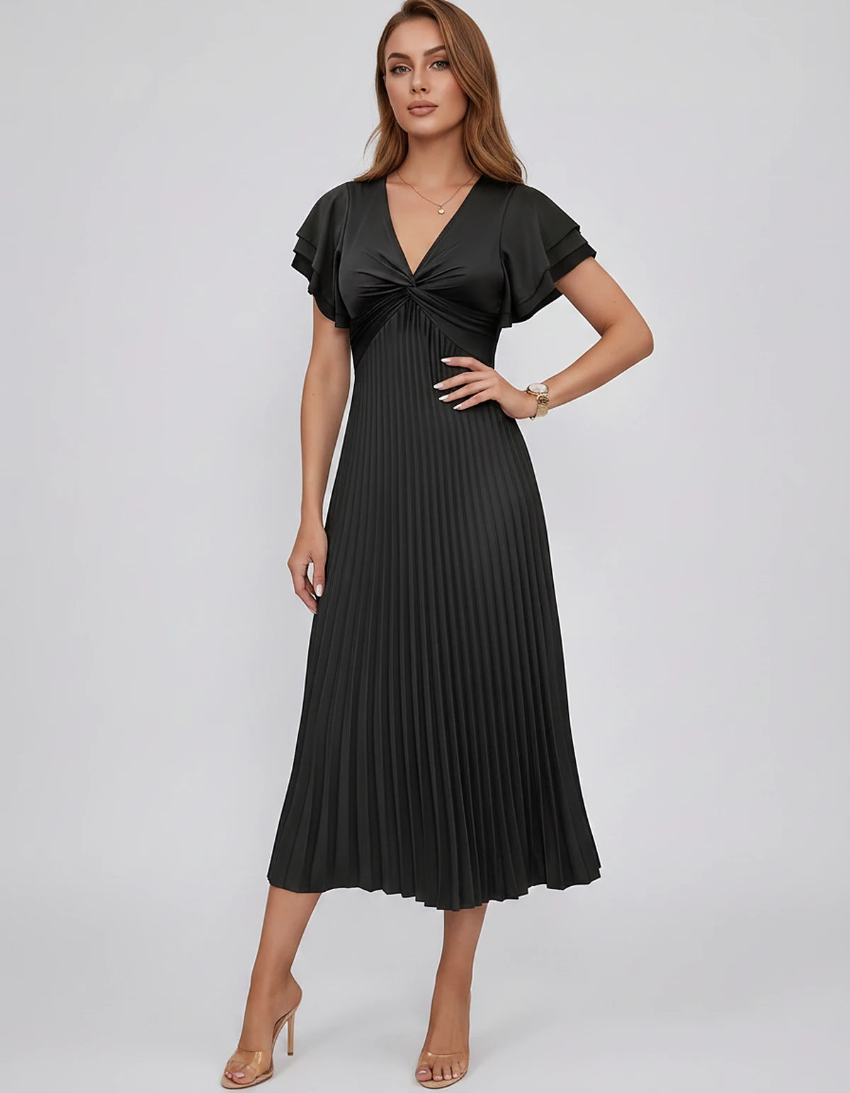Chiffon Blend Flutter Sleeve V-Neck A-Line Midi Dress for Party, Cocktail, Evening Events, Wedding Guest & Summer Occasions, 