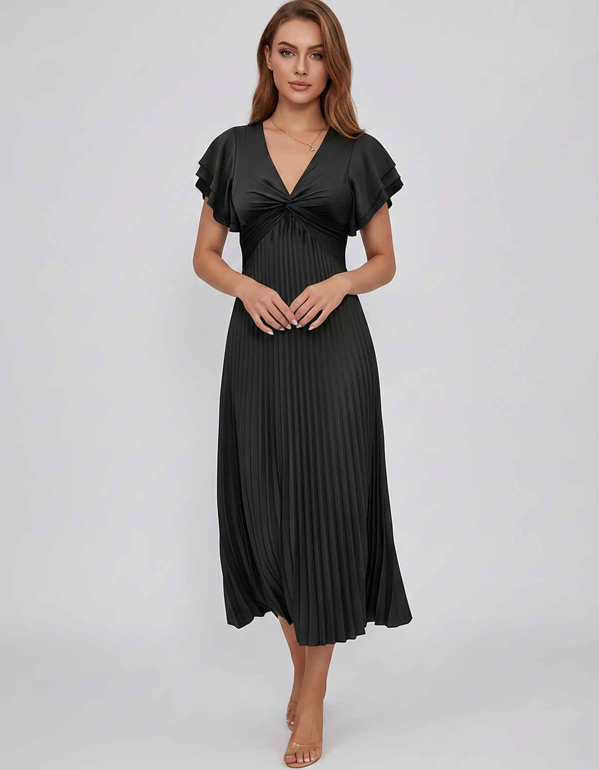 Chiffon Blend Flutter Sleeve V-Neck A-Line Midi Dress for Party, Cocktail, Evening Events, Wedding Guest & Summer Occasions, 