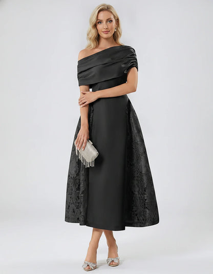 Satin Short Sleeve Off-Shoulder A-Line Midi Dress for Party, Cocktail, Evening, Wedding Guest, Summer Events & Formal Occasio | SKU: VMD-582714963852741-BLACK-L,VMD-582714963852741-BLACK-M,VMD-582714963852741-BLACK-S,VMD-582714963852741-BLACK-XL,VMD-582714963852741-BLACK-XS