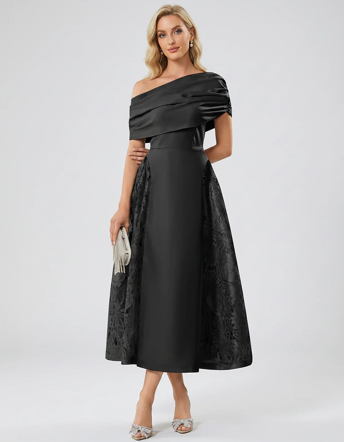 Satin Short Sleeve Off-Shoulder A-Line Midi Dress for Party, Cocktail, Evening, Wedding Guest, Summer Events & Formal Occasio | SKU: VMD-582714963852741-BLACK-L,VMD-582714963852741-BLACK-M,VMD-582714963852741-BLACK-S,VMD-582714963852741-BLACK-XL,VMD-582714963852741-BLACK-XS