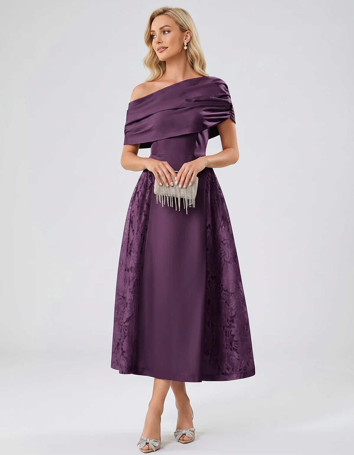 Satin Short Sleeve Off-Shoulder A-Line Midi Dress for Party, Cocktail, Evening, Wedding Guest, Summer Events & Formal Occasio | SKU: VMD-582714963852741-PLUM-L,VMD-582714963852741-PLUM-M,VMD-582714963852741-PLUM-S,VMD-582714963852741-PLUM-XL,VMD-582714963852741-PLUM-XS