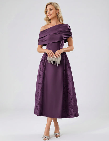 Satin Short Sleeve Off-Shoulder A-Line Midi Dress for Party, Cocktail, Evening, Wedding Guest, Summer Events & Formal Occasio | SKU: VMD-582714963852741-PLUM-L,VMD-582714963852741-PLUM-M,VMD-582714963852741-PLUM-S,VMD-582714963852741-PLUM-XL,VMD-582714963852741-PLUM-XS