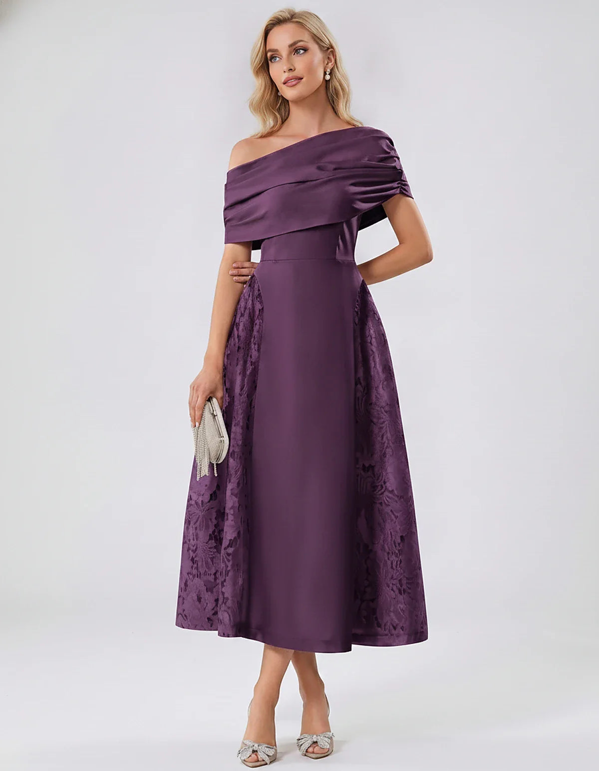 Satin Short Sleeve Off-Shoulder A-Line Midi Dress for Party, Cocktail, Evening, Wedding Guest, Summer Events & Formal Occasio | SKU: VMD-582714963852741-PLUM-L,VMD-582714963852741-PLUM-M,VMD-582714963852741-PLUM-S,VMD-582714963852741-PLUM-XL,VMD-582714963852741-PLUM-XS