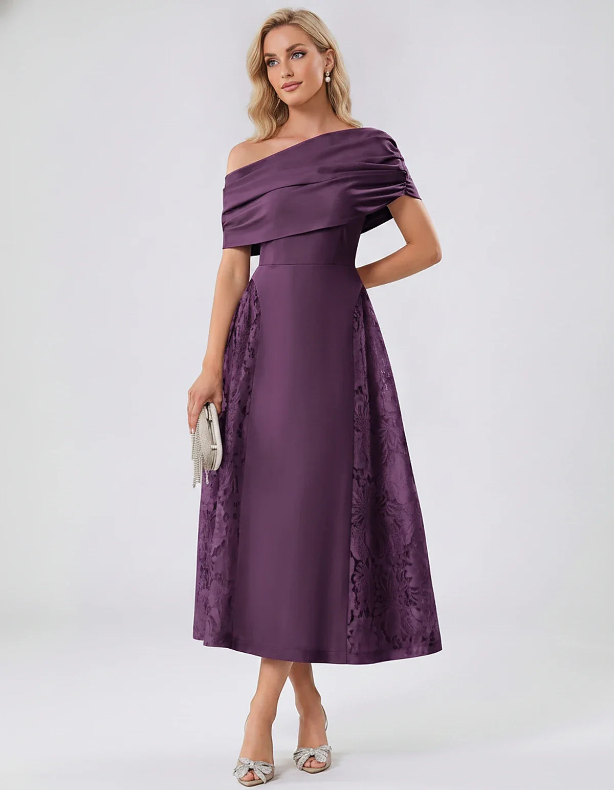 Satin Short Sleeve Off-Shoulder A-Line Midi Dress for Party, Cocktail, Evening, Wedding Guest, Summer Events & Formal Occasio | SKU: VMD-582714963852741-PLUM-L,VMD-582714963852741-PLUM-M,VMD-582714963852741-PLUM-S,VMD-582714963852741-PLUM-XL,VMD-582714963852741-PLUM-XS