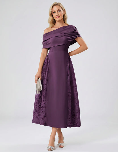 Satin Short Sleeve Off-Shoulder A-Line Midi Dress for Party, Cocktail, Evening, Wedding Guest, Summer Events & Formal Occasio | SKU: VMD-582714963852741-PLUM-L,VMD-582714963852741-PLUM-M,VMD-582714963852741-PLUM-S,VMD-582714963852741-PLUM-XL,VMD-582714963852741-PLUM-XS