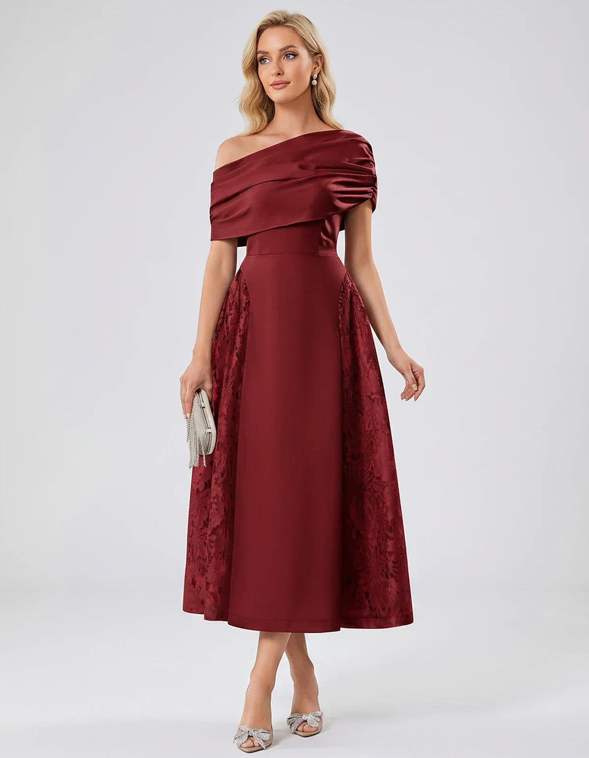 Satin Short Sleeve Off-Shoulder A-Line Midi Dress for Party, Cocktail, Evening, Wedding Guest, Summer Events & Formal Occasio | SKU: VMD-582714963852741-BURGUNDY-L,VMD-582714963852741-BURGUNDY-M,VMD-582714963852741-BURGUNDY-S,VMD-582714963852741-BURGUNDY-XL,VMD-582714963852741-BURGUNDY-XS