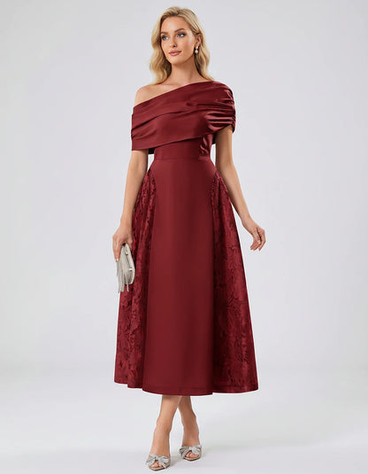 Satin Short Sleeve Off-Shoulder A-Line Midi Dress for Party, Cocktail, Evening, Wedding Guest, Summer Events & Formal Occasio | SKU: VMD-582714963852741-BURGUNDY-L,VMD-582714963852741-BURGUNDY-M,VMD-582714963852741-BURGUNDY-S,VMD-582714963852741-BURGUNDY-XL,VMD-582714963852741-BURGUNDY-XS