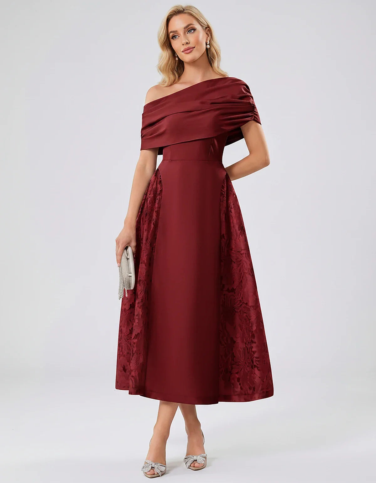 Satin Short Sleeve Off-Shoulder A-Line Midi Dress for Party, Cocktail, Evening, Wedding Guest, Summer Events & Formal Occasio | SKU: VMD-582714963852741-BURGUNDY-L,VMD-582714963852741-BURGUNDY-M,VMD-582714963852741-BURGUNDY-S,VMD-582714963852741-BURGUNDY-XL,VMD-582714963852741-BURGUNDY-XS