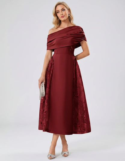 Satin Short Sleeve Off-Shoulder A-Line Midi Dress for Party, Cocktail, Evening, Wedding Guest, Summer Events & Formal Occasio | SKU: VMD-582714963852741-BURGUNDY-L,VMD-582714963852741-BURGUNDY-M,VMD-582714963852741-BURGUNDY-S,VMD-582714963852741-BURGUNDY-XL,VMD-582714963852741-BURGUNDY-XS