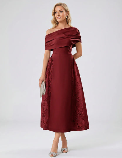 Satin Short Sleeve Off-Shoulder A-Line Midi Dress for Party, Cocktail, Evening, Wedding Guest, Summer Events & Formal Occasio | SKU: VMD-582714963852741-BURGUNDY-L,VMD-582714963852741-BURGUNDY-M,VMD-582714963852741-BURGUNDY-S,VMD-582714963852741-BURGUNDY-XL,VMD-582714963852741-BURGUNDY-XS