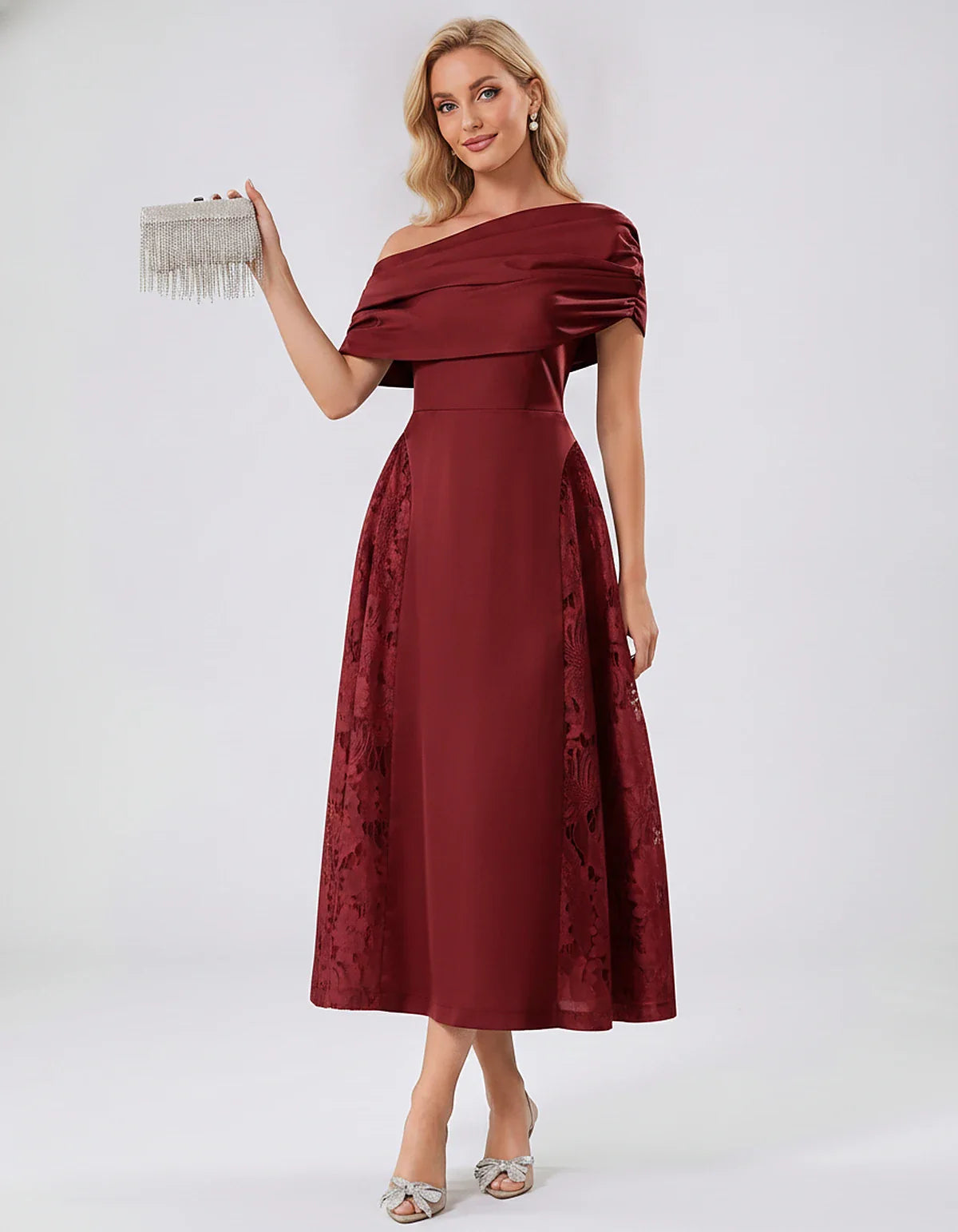 Satin Short Sleeve Off-Shoulder A-Line Midi Dress for Party, Cocktail, Evening, Wedding Guest, Summer Events & Formal Occasio | SKU: VMD-582714963852741-BURGUNDY-L,VMD-582714963852741-BURGUNDY-M,VMD-582714963852741-BURGUNDY-S,VMD-582714963852741-BURGUNDY-XL,VMD-582714963852741-BURGUNDY-XS