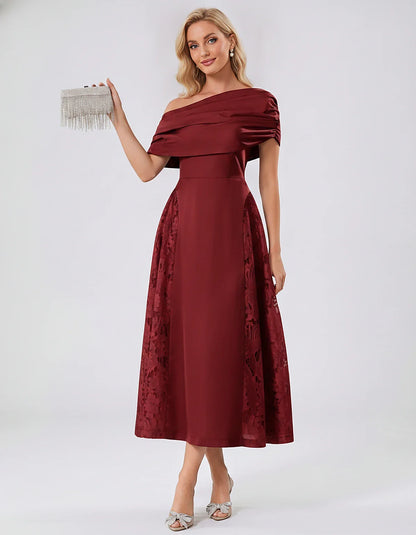 Satin Short Sleeve Off-Shoulder A-Line Midi Dress for Party, Cocktail, Evening, Wedding Guest, Summer Events & Formal Occasio | SKU: VMD-582714963852741-BURGUNDY-L,VMD-582714963852741-BURGUNDY-M,VMD-582714963852741-BURGUNDY-S,VMD-582714963852741-BURGUNDY-XL,VMD-582714963852741-BURGUNDY-XS