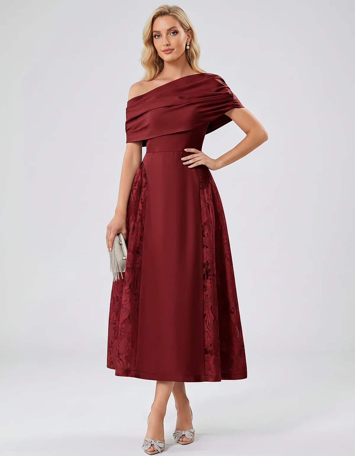Satin Short Sleeve Off-Shoulder A-Line Midi Dress for Party, Cocktail, Evening, Wedding Guest, Summer Events & Formal Occasio | SKU: VMD-582714963852741-BURGUNDY-L,VMD-582714963852741-BURGUNDY-M,VMD-582714963852741-BURGUNDY-S,VMD-582714963852741-BURGUNDY-XL,VMD-582714963852741-BURGUNDY-XS
