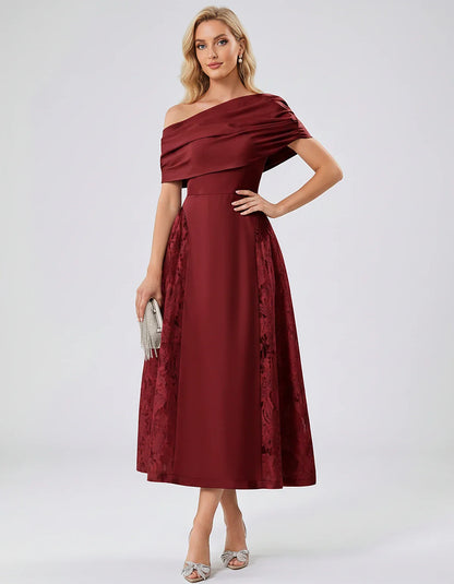 Satin Short Sleeve Off-Shoulder A-Line Midi Dress for Party, Cocktail, Evening, Wedding Guest, Summer Events & Formal Occasio | SKU: VMD-582714963852741-BURGUNDY-L,VMD-582714963852741-BURGUNDY-M,VMD-582714963852741-BURGUNDY-S,VMD-582714963852741-BURGUNDY-XL,VMD-582714963852741-BURGUNDY-XS