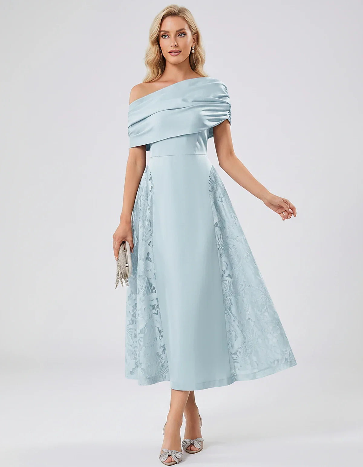 Satin Short Sleeve Off-Shoulder A-Line Midi Dress for Party, Cocktail, Evening, Wedding Guest, Summer Events & Formal Occasio | SKU: VMD-582714963852741-LIGHTBLUE-L,VMD-582714963852741-LIGHTBLUE-M,VMD-582714963852741-LIGHTBLUE-S,VMD-582714963852741-LIGHTBLUE-XL,VMD-582714963852741-LIGHTBLUE-XS