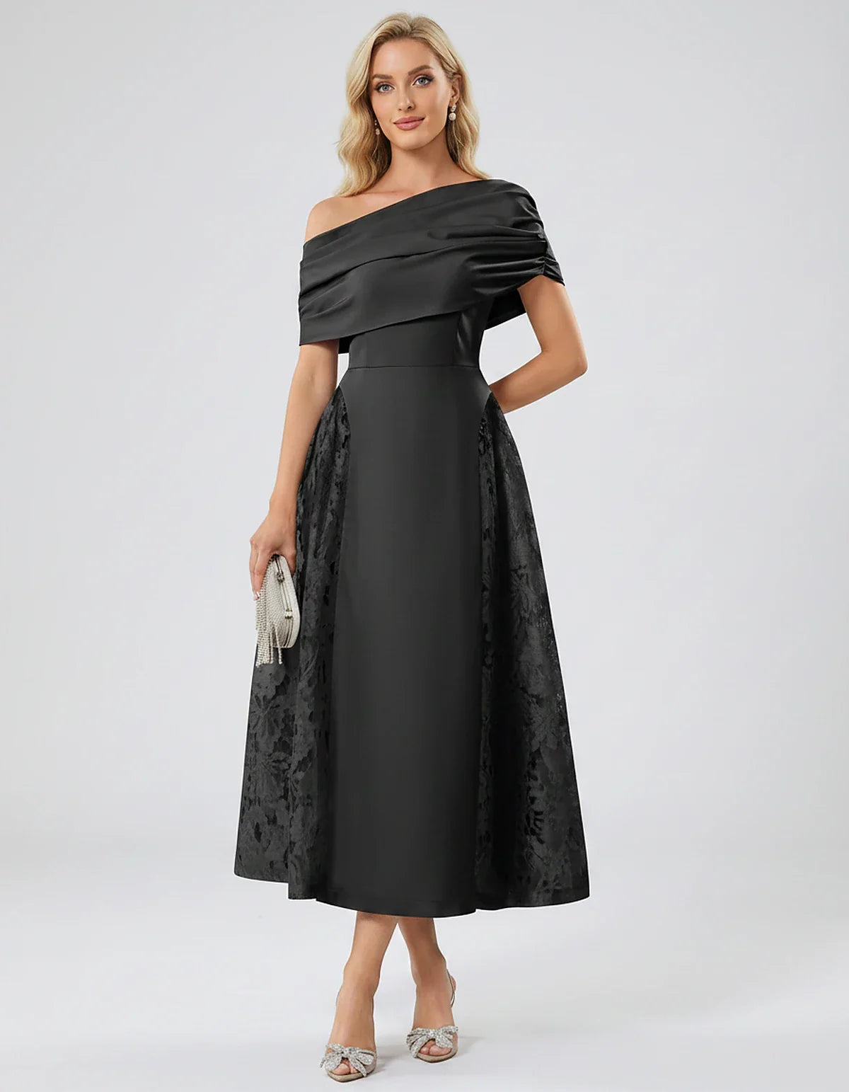 Satin Short Sleeve Off-Shoulder A-Line Midi Dress for Party, Cocktail, Evening, Wedding Guest, Summer Events & Formal Occasio | SKU: VMD-582714963852741-BLACK-L,VMD-582714963852741-BLACK-M,VMD-582714963852741-BLACK-S,VMD-582714963852741-BLACK-XL,VMD-582714963852741-BLACK-XS