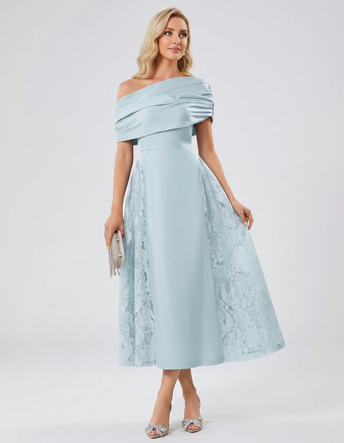 Satin Short Sleeve Off-Shoulder A-Line Midi Dress for Party, Cocktail, Evening, Wedding Guest, Summer Events & Formal Occasio | SKU: VMD-582714963852741-LIGHTBLUE-L,VMD-582714963852741-LIGHTBLUE-M,VMD-582714963852741-LIGHTBLUE-S,VMD-582714963852741-LIGHTBLUE-XL,VMD-582714963852741-LIGHTBLUE-XS