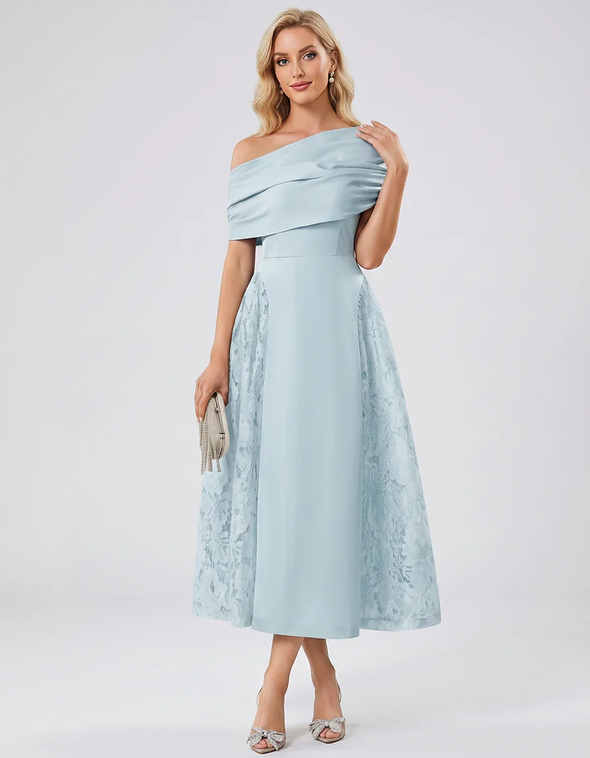 Satin Short Sleeve Off-Shoulder A-Line Midi Dress for Party, Cocktail, Evening, Wedding Guest, Summer Events & Formal Occasio | SKU: VMD-582714963852741-LIGHTBLUE-L,VMD-582714963852741-LIGHTBLUE-M,VMD-582714963852741-LIGHTBLUE-S,VMD-582714963852741-LIGHTBLUE-XL,VMD-582714963852741-LIGHTBLUE-XS