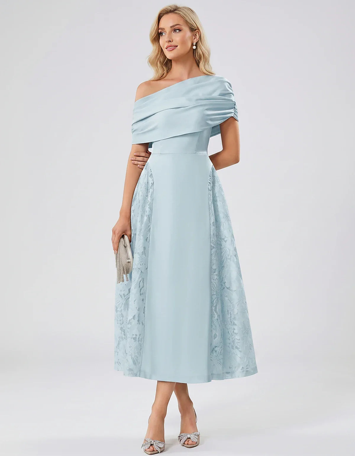 Satin Short Sleeve Off-Shoulder A-Line Midi Dress for Party, Cocktail, Evening, Wedding Guest, Summer Events & Formal Occasio | SKU: VMD-582714963852741-LIGHTBLUE-L,VMD-582714963852741-LIGHTBLUE-M,VMD-582714963852741-LIGHTBLUE-S,VMD-582714963852741-LIGHTBLUE-XL,VMD-582714963852741-LIGHTBLUE-XS
