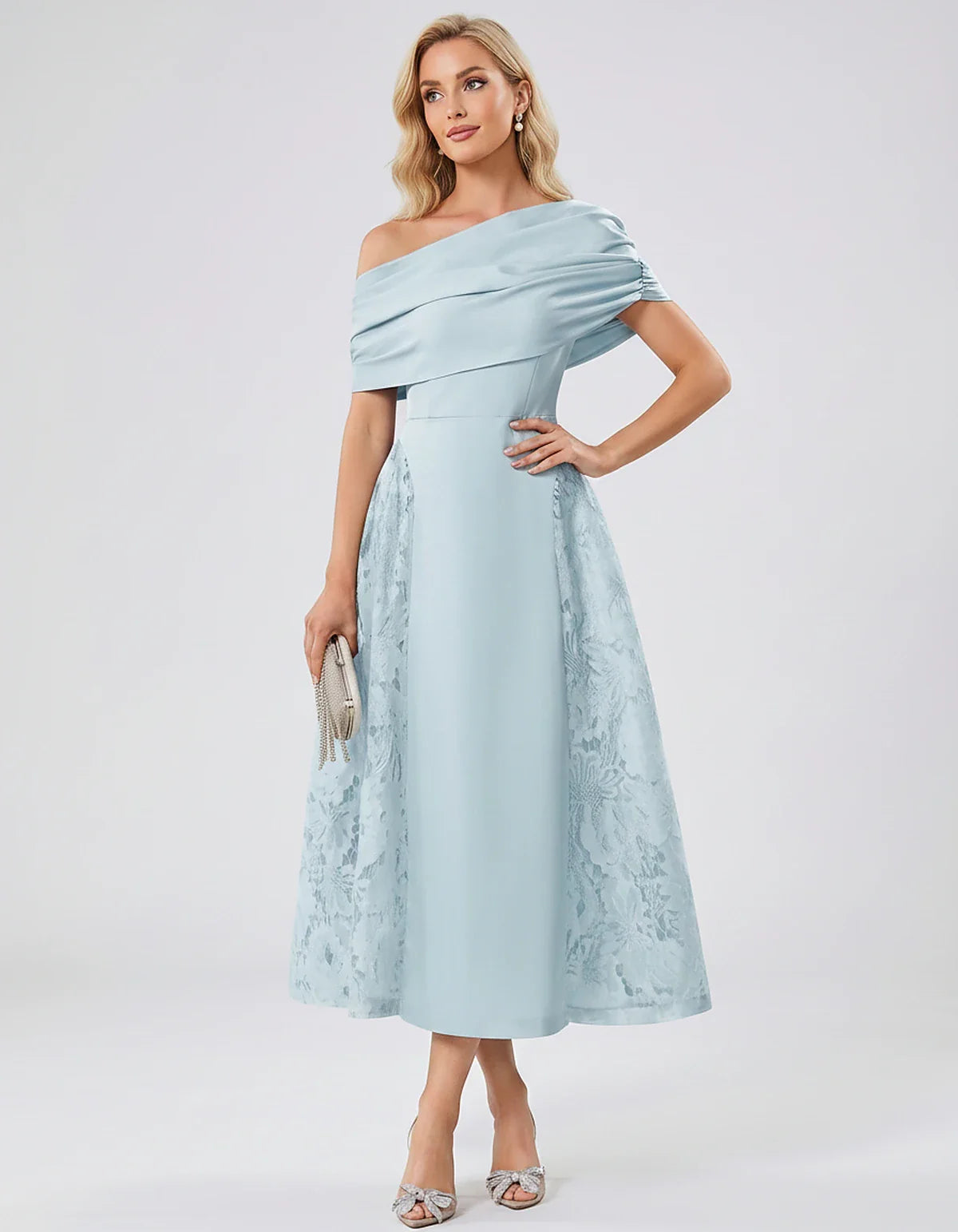 Satin Short Sleeve Off-Shoulder A-Line Midi Dress for Party, Cocktail, Evening, Wedding Guest, Summer Events & Formal Occasio | SKU: VMD-582714963852741-LIGHTBLUE-L,VMD-582714963852741-LIGHTBLUE-M,VMD-582714963852741-LIGHTBLUE-S,VMD-582714963852741-LIGHTBLUE-XL,VMD-582714963852741-LIGHTBLUE-XS