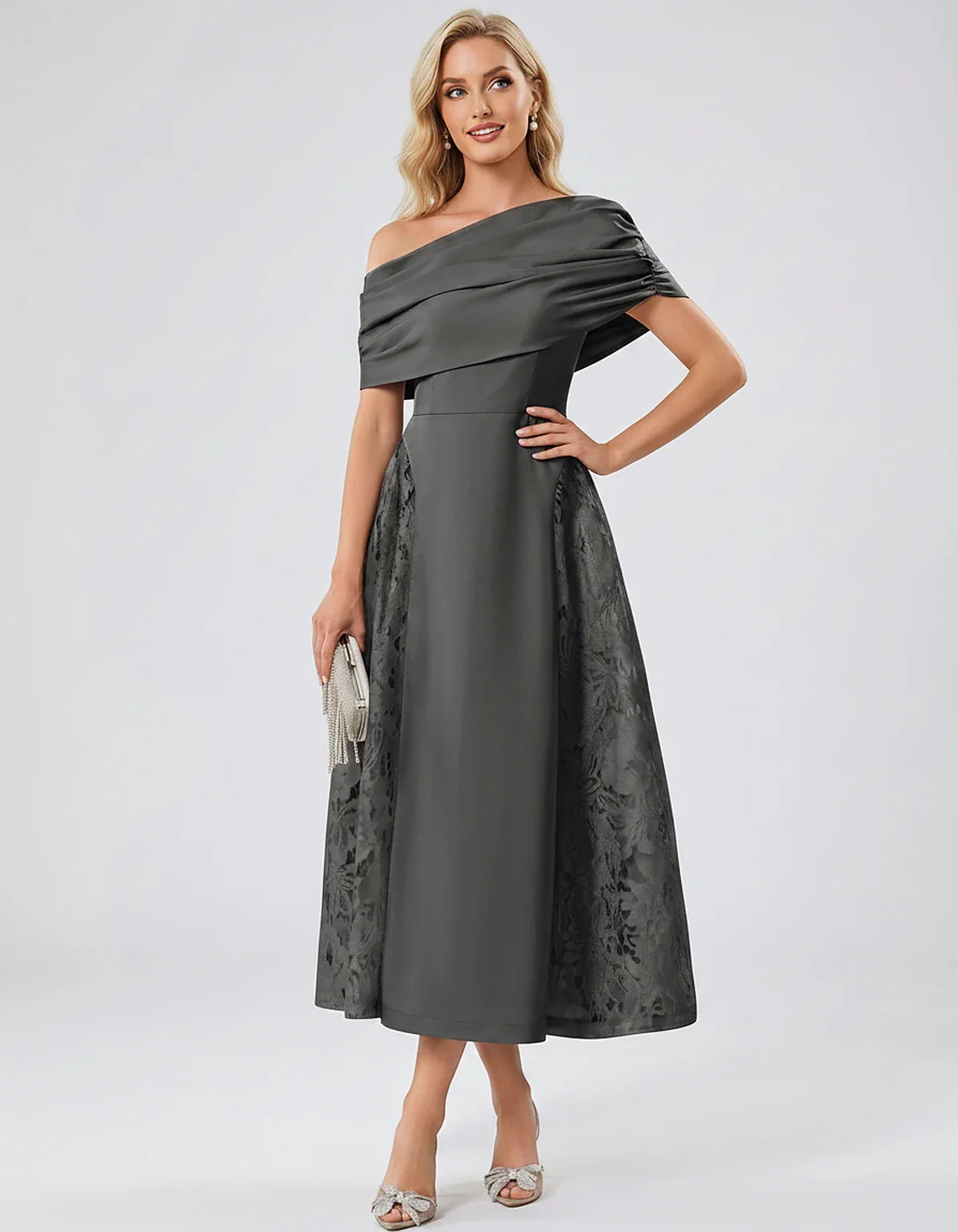 Satin Short Sleeve Off-Shoulder A-Line Midi Dress for Party, Cocktail, Evening, Wedding Guest, Summer Events & Formal Occasio | SKU: VMD-582714963852741-GRAY-L,VMD-582714963852741-GRAY-M,VMD-582714963852741-GRAY-S,VMD-582714963852741-GRAY-XL,VMD-582714963852741-GRAY-XS