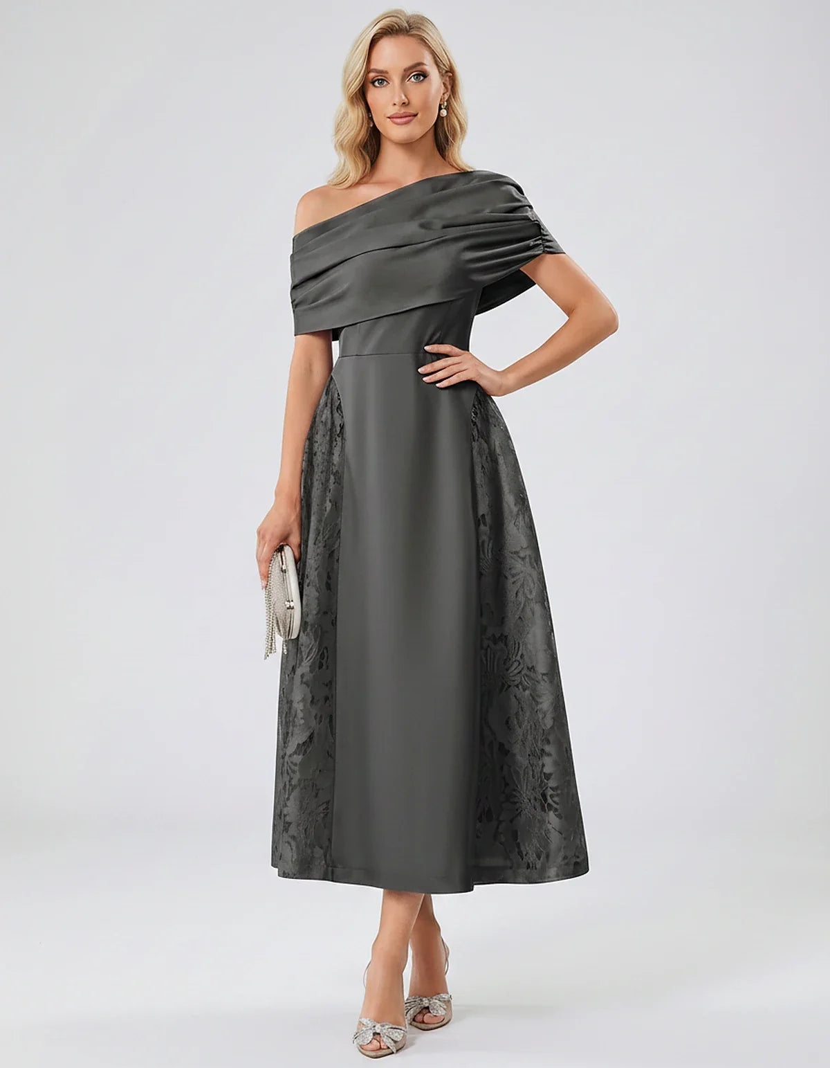 Satin Short Sleeve Off-Shoulder A-Line Midi Dress for Party, Cocktail, Evening, Wedding Guest, Summer Events & Formal Occasio | SKU: VMD-582714963852741-GRAY-L,VMD-582714963852741-GRAY-M,VMD-582714963852741-GRAY-S,VMD-582714963852741-GRAY-XL,VMD-582714963852741-GRAY-XS