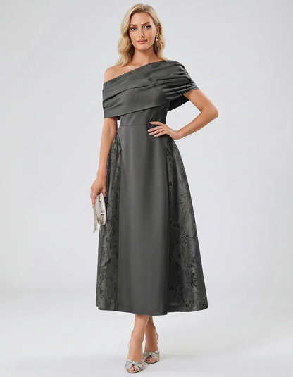 Satin Short Sleeve Off-Shoulder A-Line Midi Dress for Party, Cocktail, Evening, Wedding Guest, Summer Events & Formal Occasio | SKU: VMD-582714963852741-GRAY-L,VMD-582714963852741-GRAY-M,VMD-582714963852741-GRAY-S,VMD-582714963852741-GRAY-XL,VMD-582714963852741-GRAY-XS