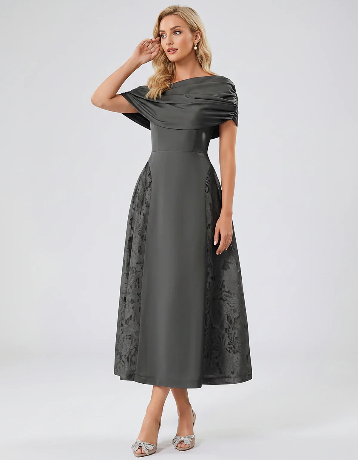 Satin Short Sleeve Off-Shoulder A-Line Midi Dress for Party, Cocktail, Evening, Wedding Guest, Summer Events & Formal Occasio | SKU: VMD-582714963852741-GRAY-L,VMD-582714963852741-GRAY-M,VMD-582714963852741-GRAY-S,VMD-582714963852741-GRAY-XL,VMD-582714963852741-GRAY-XS