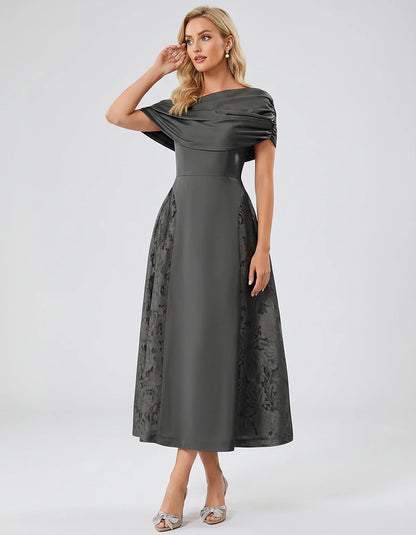Satin Short Sleeve Off-Shoulder A-Line Midi Dress for Party, Cocktail, Evening, Wedding Guest, Summer Events & Formal Occasio | SKU: VMD-582714963852741-GRAY-L,VMD-582714963852741-GRAY-M,VMD-582714963852741-GRAY-S,VMD-582714963852741-GRAY-XL,VMD-582714963852741-GRAY-XS
