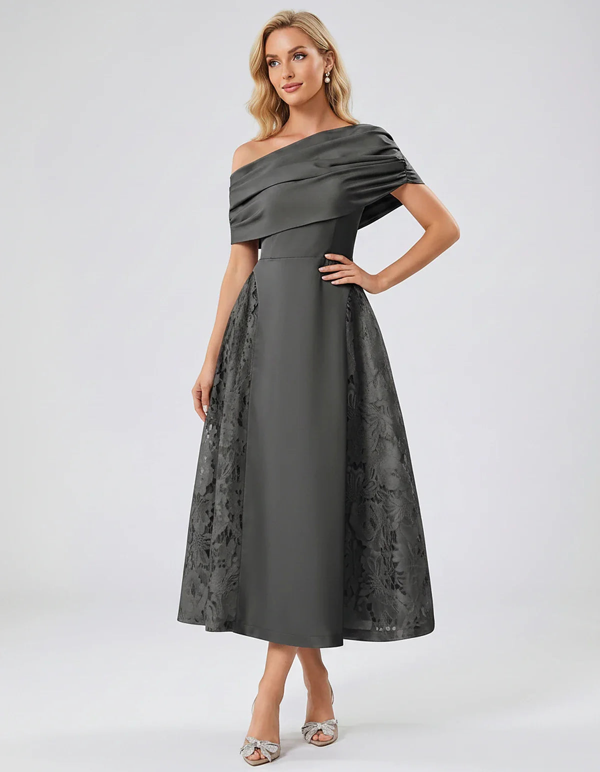 Satin Short Sleeve Off-Shoulder A-Line Midi Dress for Party, Cocktail, Evening, Wedding Guest, Summer Events & Formal Occasio | SKU: VMD-582714963852741-GRAY-L,VMD-582714963852741-GRAY-M,VMD-582714963852741-GRAY-S,VMD-582714963852741-GRAY-XL,VMD-582714963852741-GRAY-XS