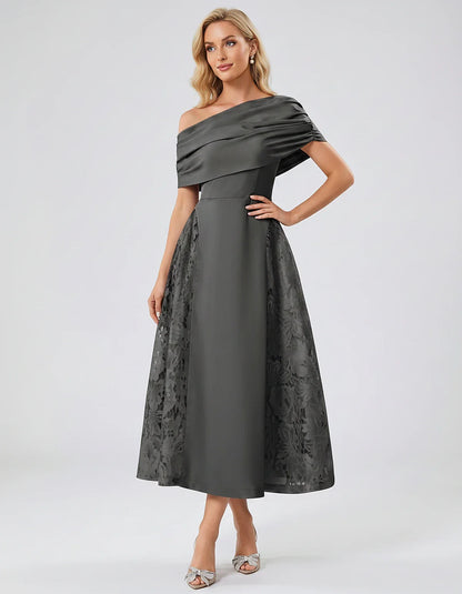 Satin Short Sleeve Off-Shoulder A-Line Midi Dress for Party, Cocktail, Evening, Wedding Guest, Summer Events & Formal Occasio | SKU: VMD-582714963852741-GRAY-L,VMD-582714963852741-GRAY-M,VMD-582714963852741-GRAY-S,VMD-582714963852741-GRAY-XL,VMD-582714963852741-GRAY-XS