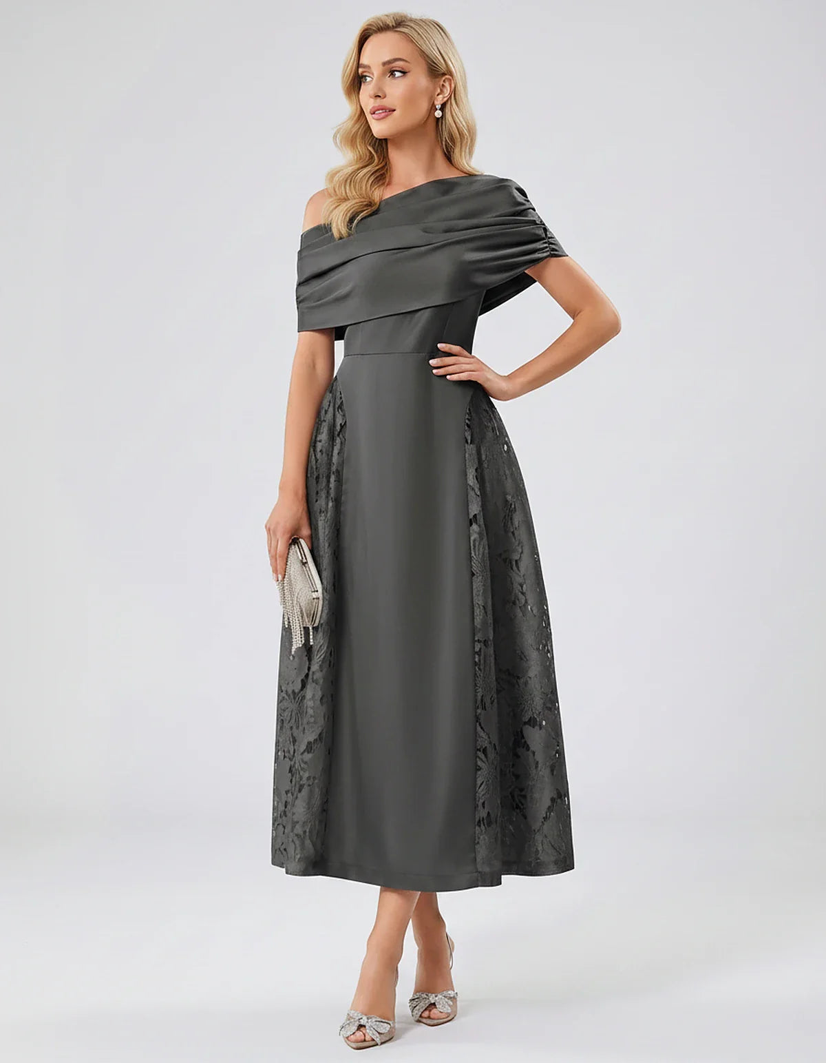 Satin Short Sleeve Off-Shoulder A-Line Midi Dress for Party, Cocktail, Evening, Wedding Guest, Summer Events & Formal Occasio | SKU: VMD-582714963852741-GRAY-L,VMD-582714963852741-GRAY-M,VMD-582714963852741-GRAY-S,VMD-582714963852741-GRAY-XL,VMD-582714963852741-GRAY-XS