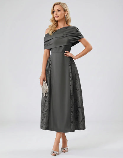 Satin Short Sleeve Off-Shoulder A-Line Midi Dress for Party, Cocktail, Evening, Wedding Guest, Summer Events & Formal Occasio | SKU: VMD-582714963852741-GRAY-L,VMD-582714963852741-GRAY-M,VMD-582714963852741-GRAY-S,VMD-582714963852741-GRAY-XL,VMD-582714963852741-GRAY-XS