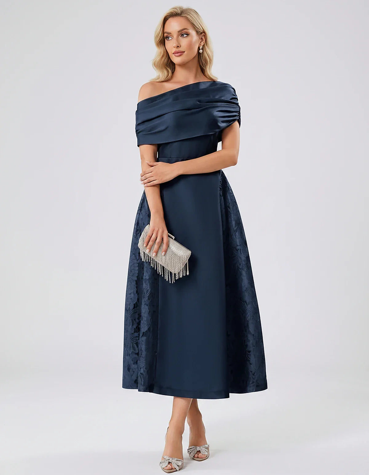 Satin Short Sleeve Off-Shoulder A-Line Midi Dress for Party, Cocktail, Evening, Wedding Guest, Summer Events & Formal Occasio | SKU: VMD-582714963852741-NAVY-L,VMD-582714963852741-NAVY-M,VMD-582714963852741-NAVY-S,VMD-582714963852741-NAVY-XL,VMD-582714963852741-NAVY-XS