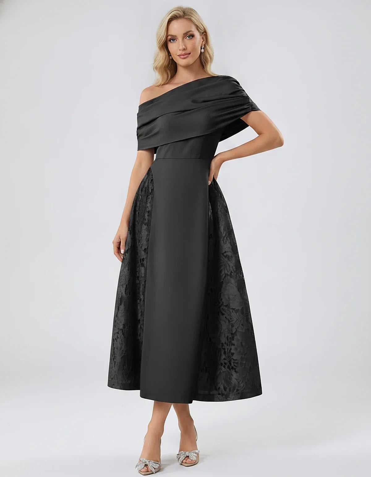 Satin Short Sleeve Off-Shoulder A-Line Midi Dress for Party, Cocktail, Evening, Wedding Guest, Summer Events & Formal Occasio | SKU: VMD-582714963852741-BLACK-L,VMD-582714963852741-BLACK-M,VMD-582714963852741-BLACK-S,VMD-582714963852741-BLACK-XL,VMD-582714963852741-BLACK-XS