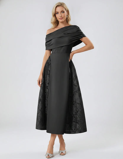Satin Short Sleeve Off-Shoulder A-Line Midi Dress for Party, Cocktail, Evening, Wedding Guest, Summer Events & Formal Occasio | SKU: VMD-582714963852741-BLACK-L,VMD-582714963852741-BLACK-M,VMD-582714963852741-BLACK-S,VMD-582714963852741-BLACK-XL,VMD-582714963852741-BLACK-XS