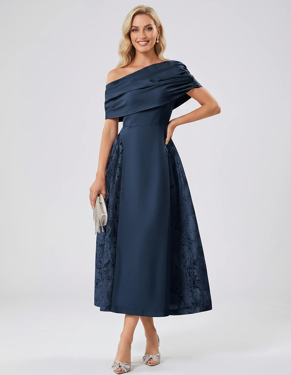 Satin Short Sleeve Off-Shoulder A-Line Midi Dress for Party, Cocktail, Evening, Wedding Guest, Summer Events & Formal Occasio | SKU: VMD-582714963852741-NAVY-L,VMD-582714963852741-NAVY-M,VMD-582714963852741-NAVY-S,VMD-582714963852741-NAVY-XL,VMD-582714963852741-NAVY-XS