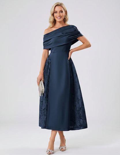Satin Short Sleeve Off-Shoulder A-Line Midi Dress for Party, Cocktail, Evening, Wedding Guest, Summer Events & Formal Occasio | SKU: VMD-582714963852741-NAVY-L,VMD-582714963852741-NAVY-M,VMD-582714963852741-NAVY-S,VMD-582714963852741-NAVY-XL,VMD-582714963852741-NAVY-XS